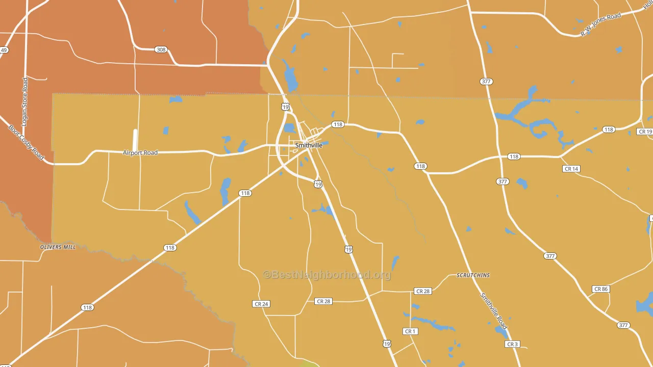 Map of the best neighborhoods in the Smithville area, with better matches in green and worse matches in red
