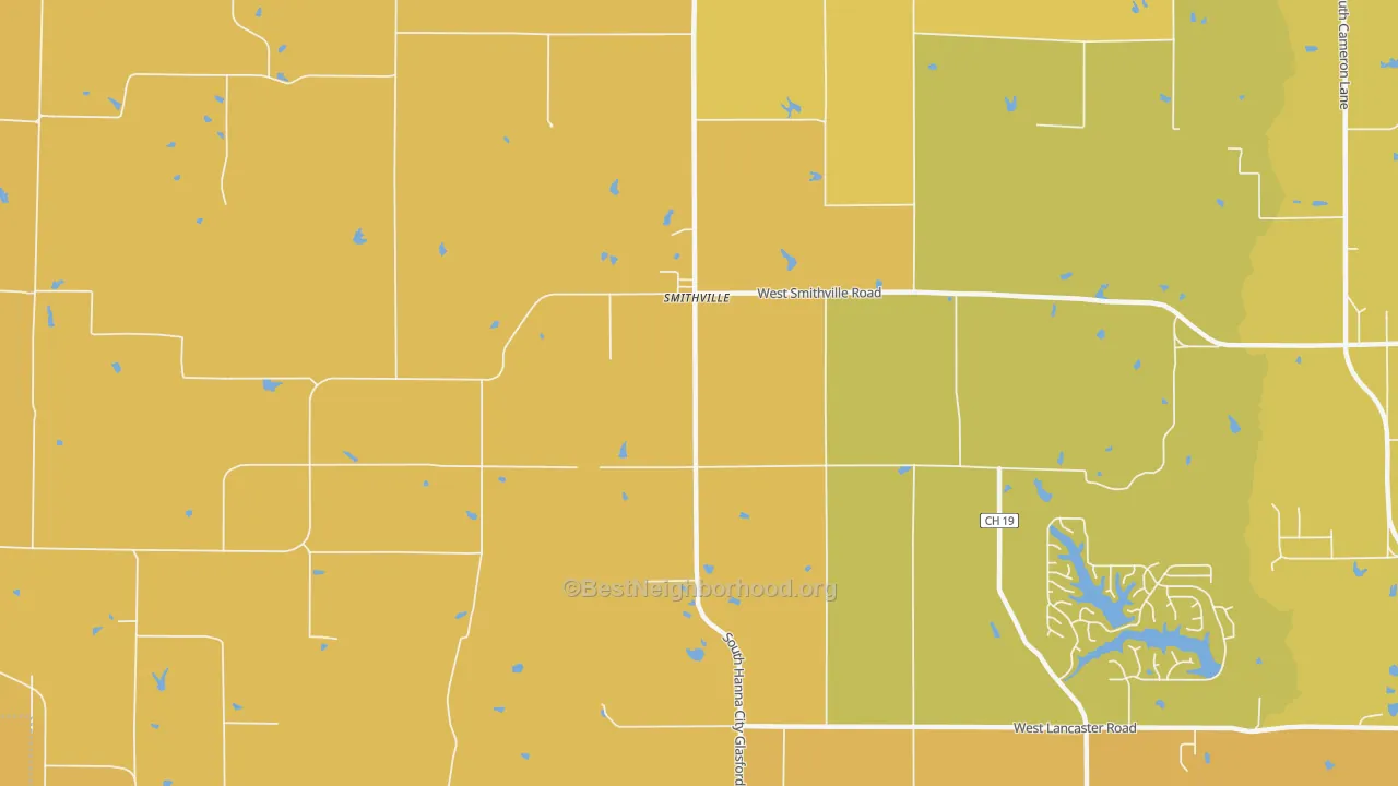 Map of the best neighborhoods in the Smithville area, with better matches in green and worse matches in red