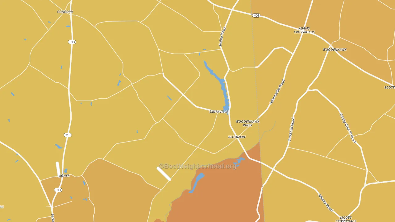 Map of the best neighborhoods in the Smithville area, with better matches in green and worse matches in red
