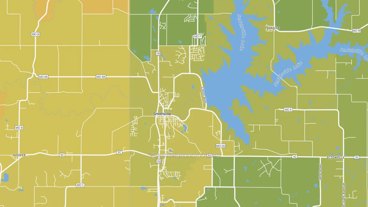Map of the best neighborhoods in the Smithville area, with better matches in green and worse matches in red