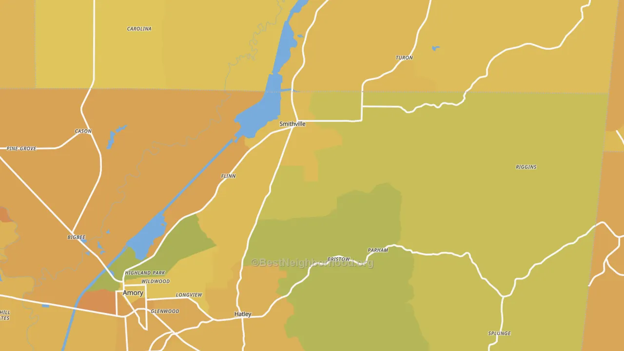 Map of the best neighborhoods in the Smithville area, with better matches in green and worse matches in red