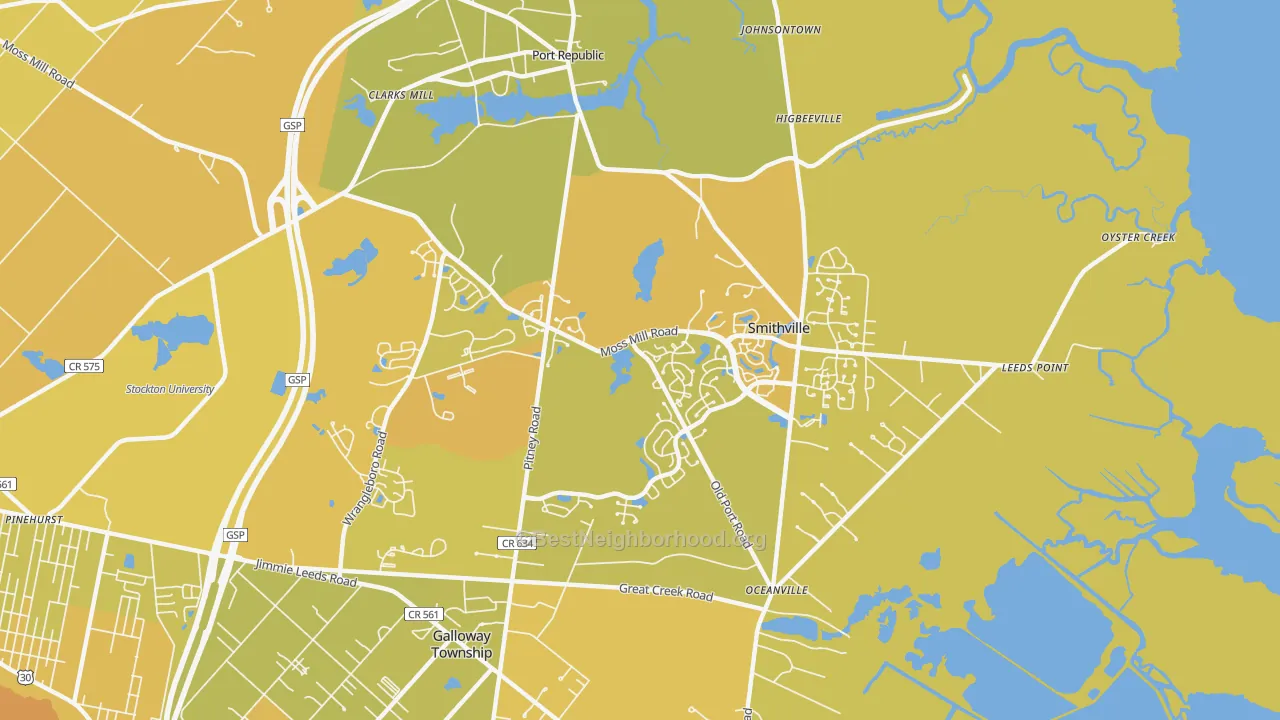 Map of the best neighborhoods in the Smithville area, with better matches in green and worse matches in red