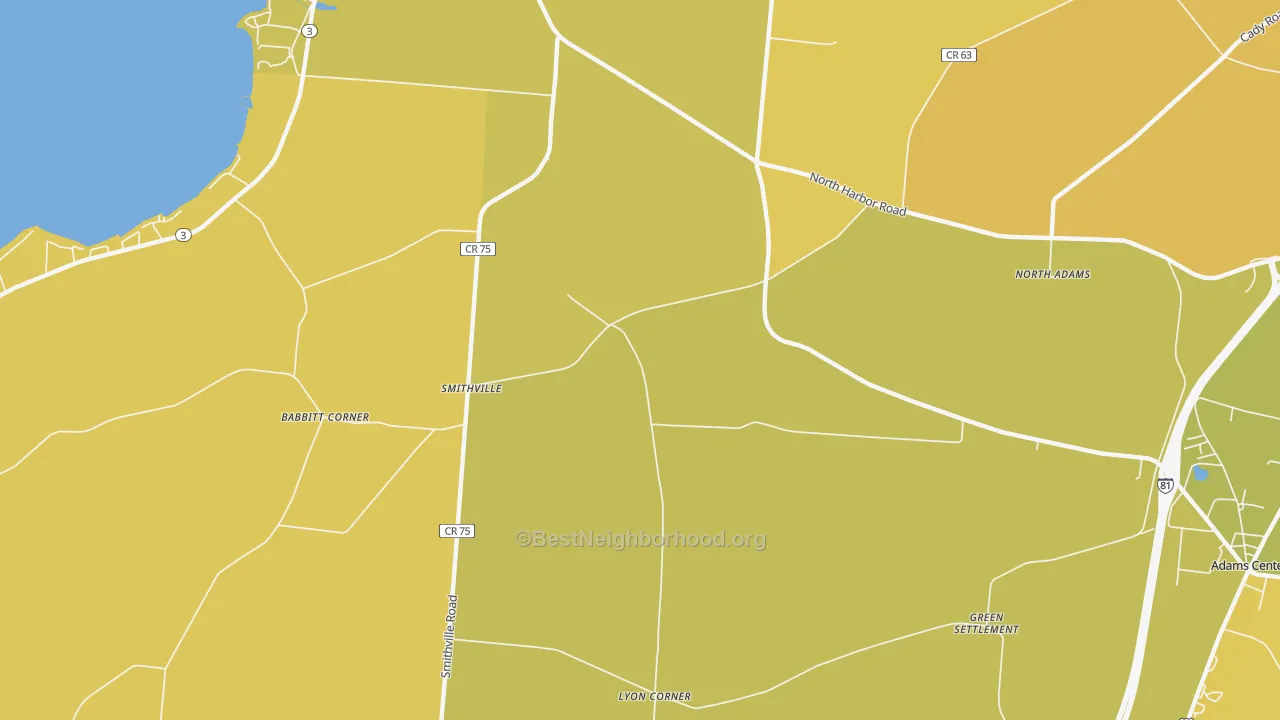 Map of the best neighborhoods in the Smithville area, with better matches in green and worse matches in red