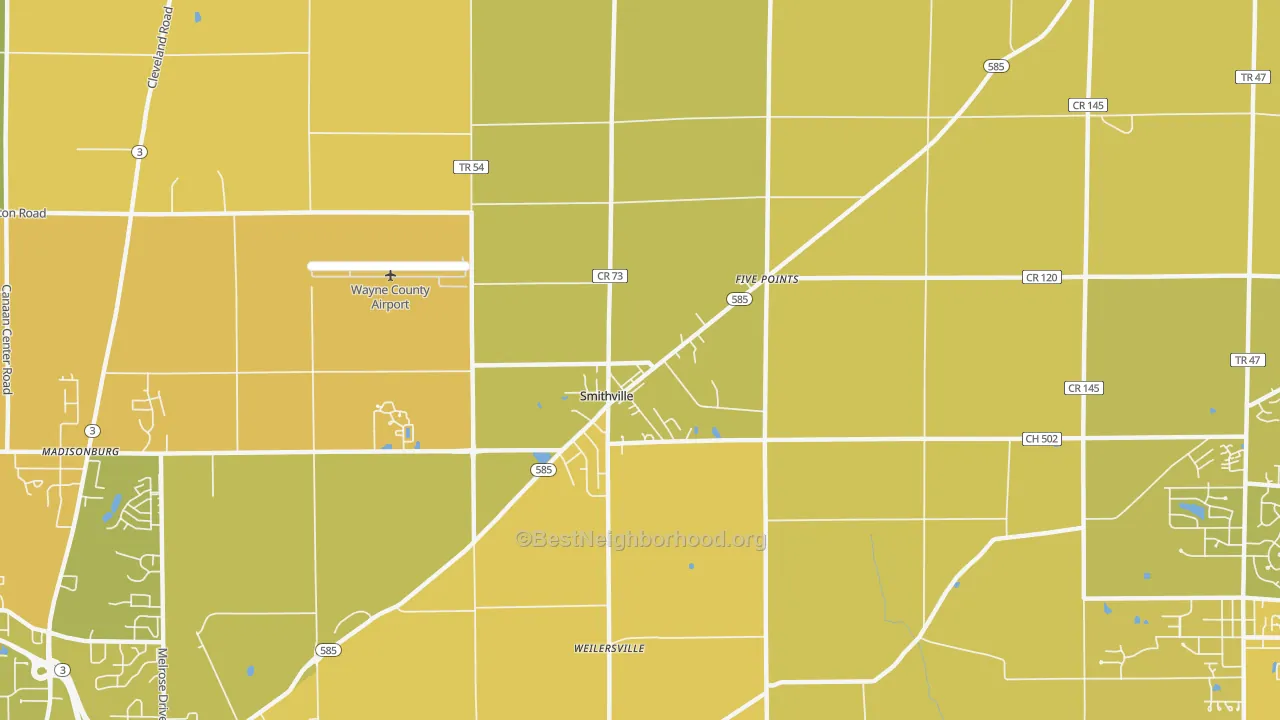 Map of the best neighborhoods in the Smithville area, with better matches in green and worse matches in red