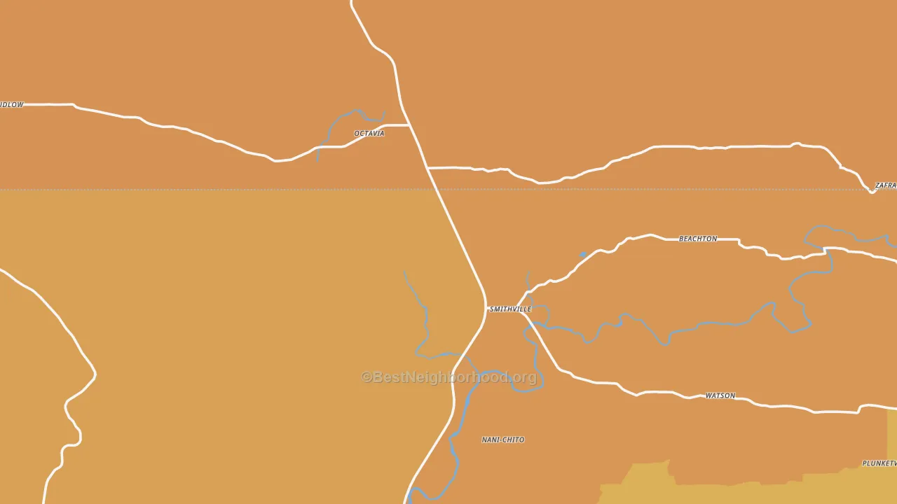 Map of the best neighborhoods in the Smithville area, with better matches in green and worse matches in red