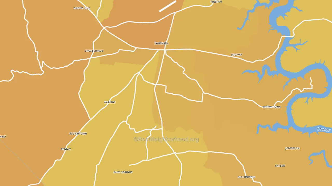 Map of the best neighborhoods in the Smithville area, with better matches in green and worse matches in red