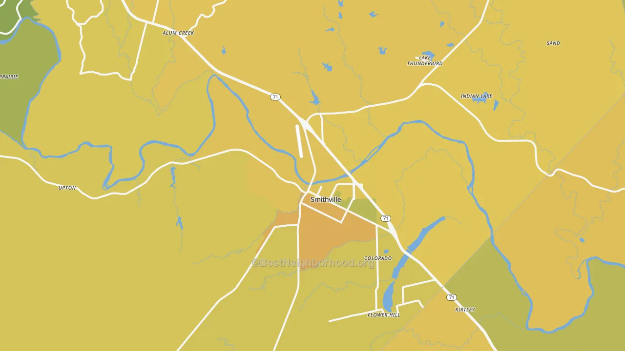 Map of the best neighborhoods in the Smithville area, with better matches in green and worse matches in red