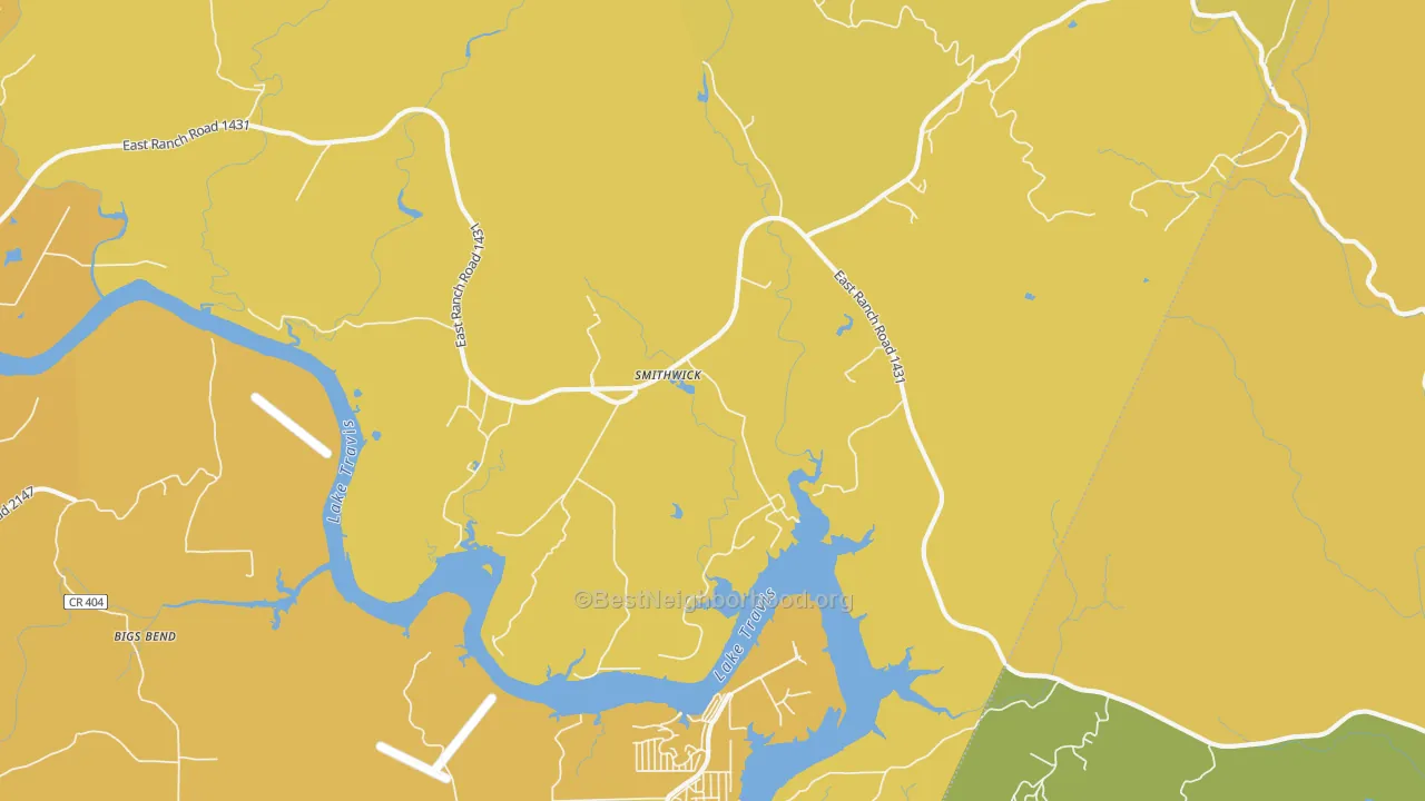 Map of the best neighborhoods in the Smithwick area, with better matches in green and worse matches in red