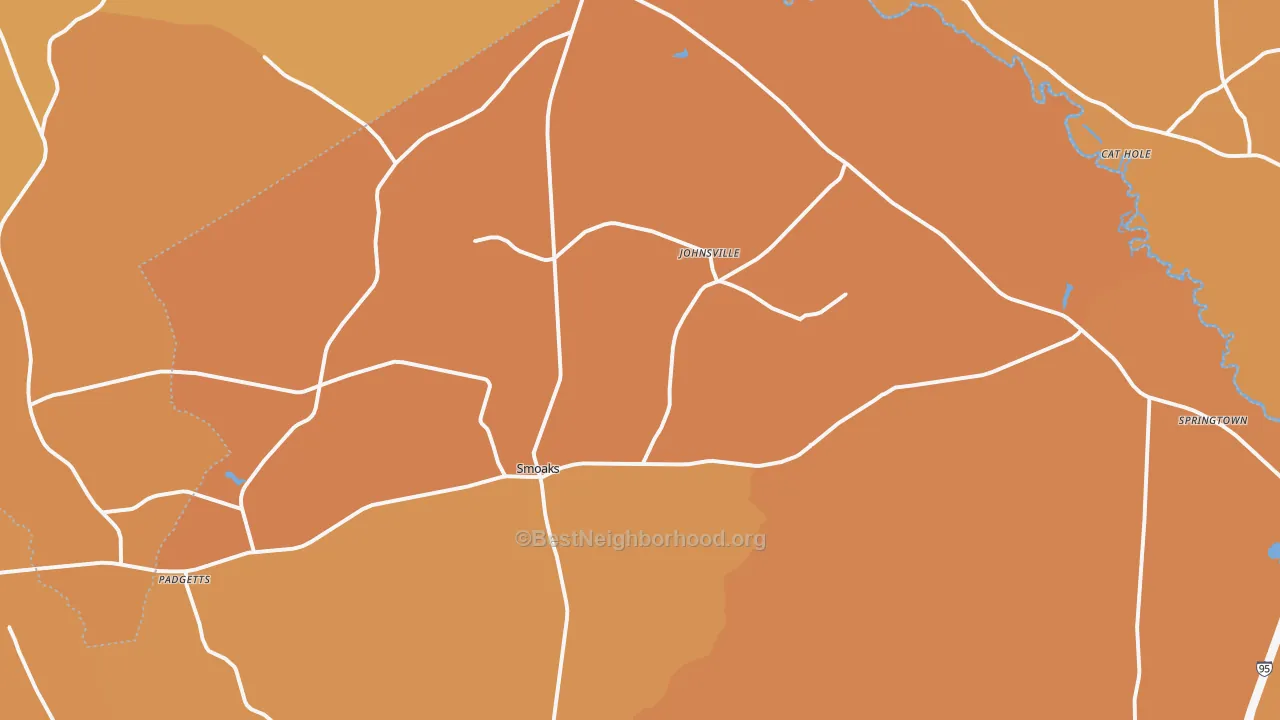 Map of the best neighborhoods in the Smoaks area, with better matches in green and worse matches in red