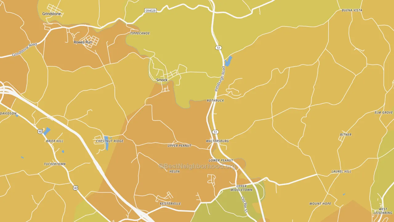 Map of the best neighborhoods in the Smock area, with better matches in green and worse matches in red
