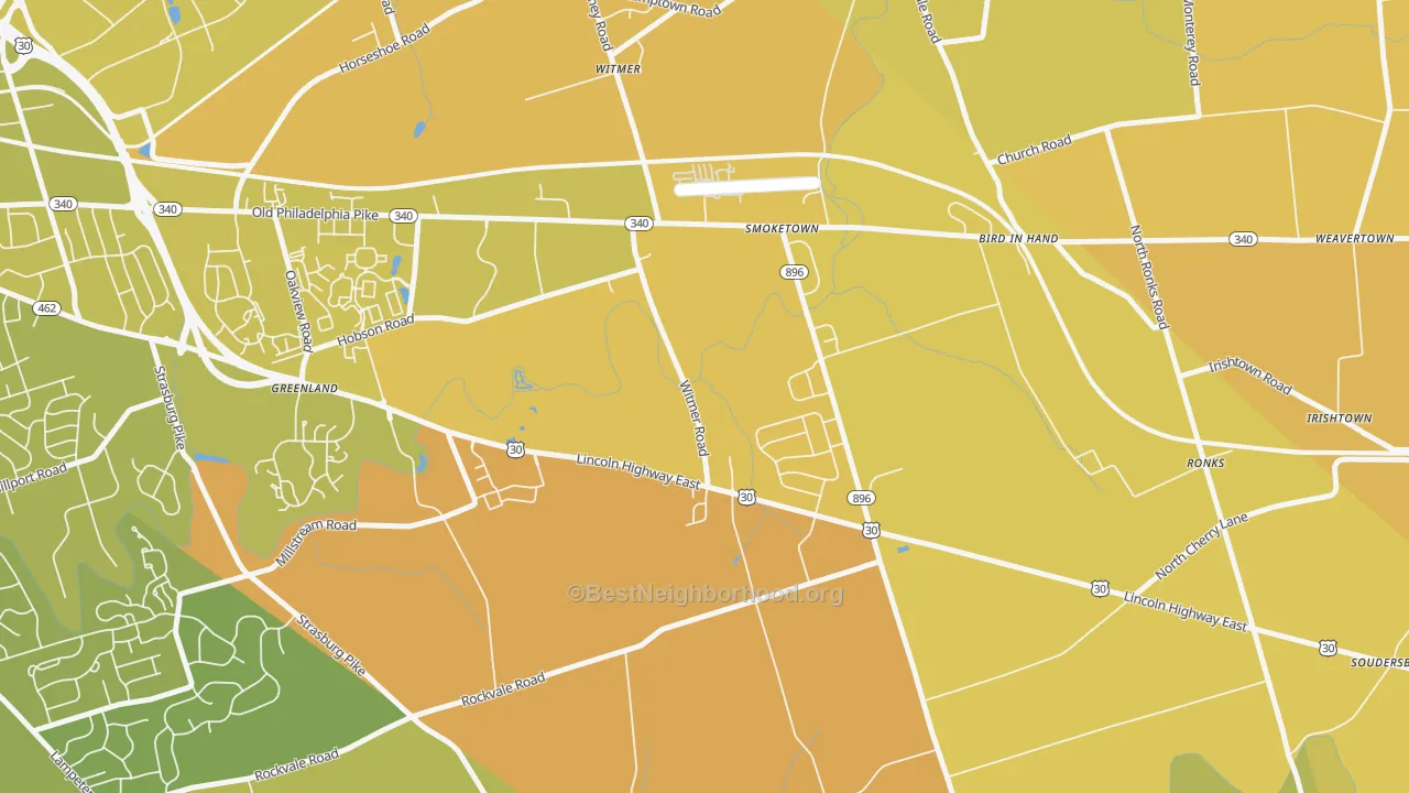 Map of the best neighborhoods in the Smoketown area, with better matches in green and worse matches in red