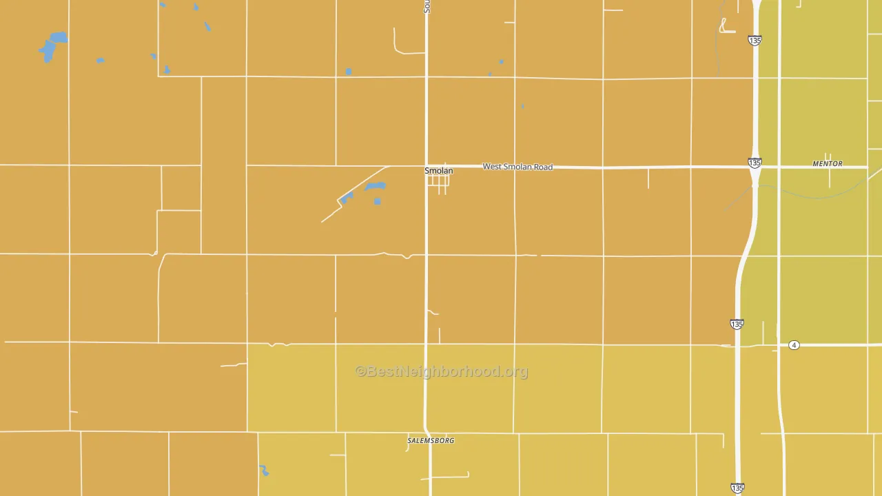Map of the best neighborhoods in the Smolan area, with better matches in green and worse matches in red