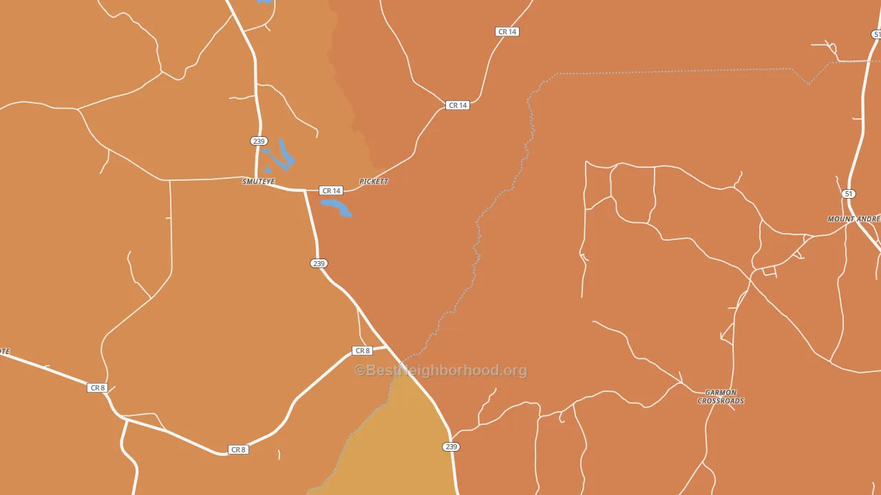 Map of the best neighborhoods in the Smuteye area, with better matches in green and worse matches in red