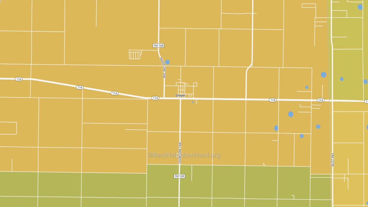 Map of the best neighborhoods in the Smyer area, with better matches in green and worse matches in red