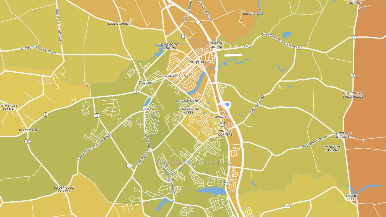 Map of the best neighborhoods in the Smyrna area, with better matches in green and worse matches in red