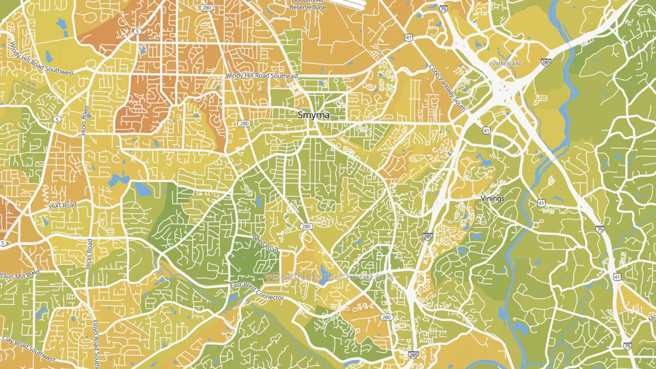 Map of the best neighborhoods in the Smyrna area, with better matches in green and worse matches in red