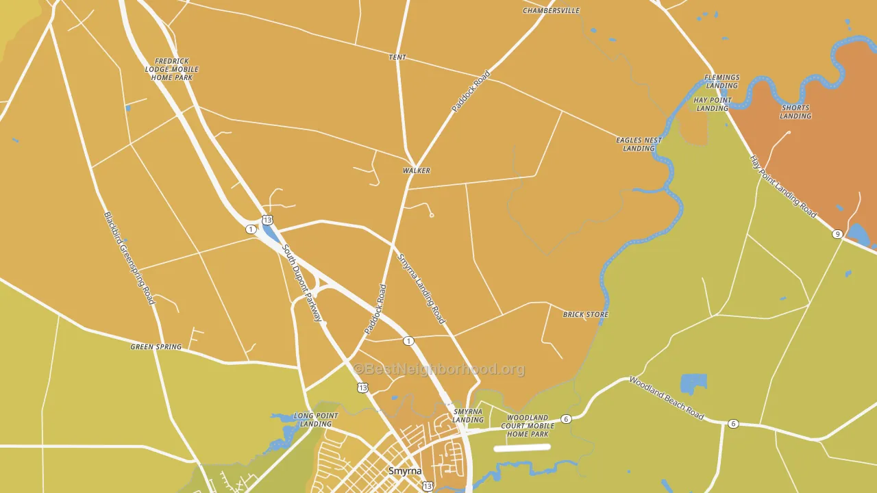 Map of the best neighborhoods in the Smyrna Landing area, with better matches in green and worse matches in red
