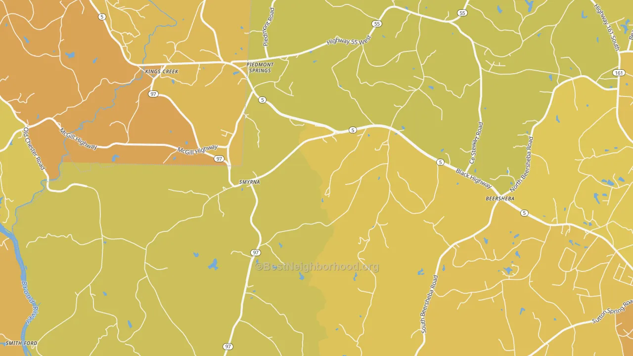 Map of the best neighborhoods in the Smyrna area, with better matches in green and worse matches in red