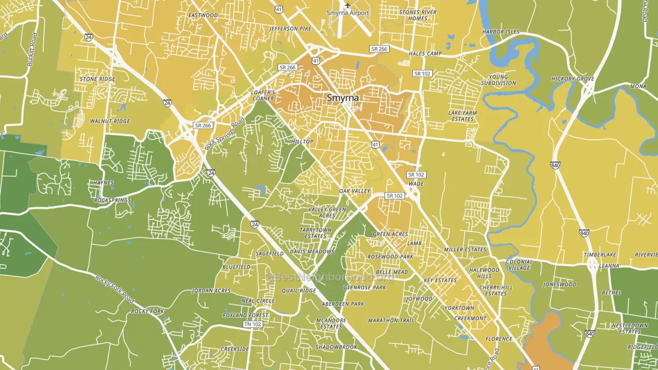 Map of the best neighborhoods in the Smyrna area, with better matches in green and worse matches in red