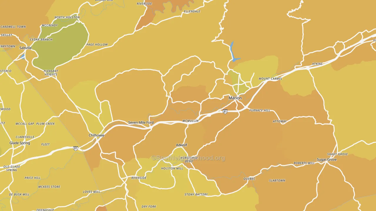 Map of the best neighborhoods in the Smyth County area, with better matches in green and worse matches in red