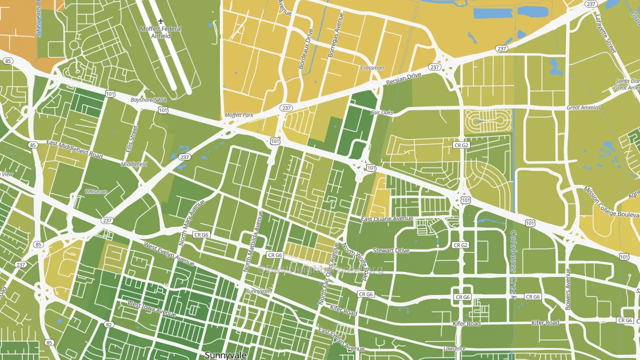 Map of the best neighborhoods in the Snail, Sunnyvale area, with better matches in green and worse matches in red