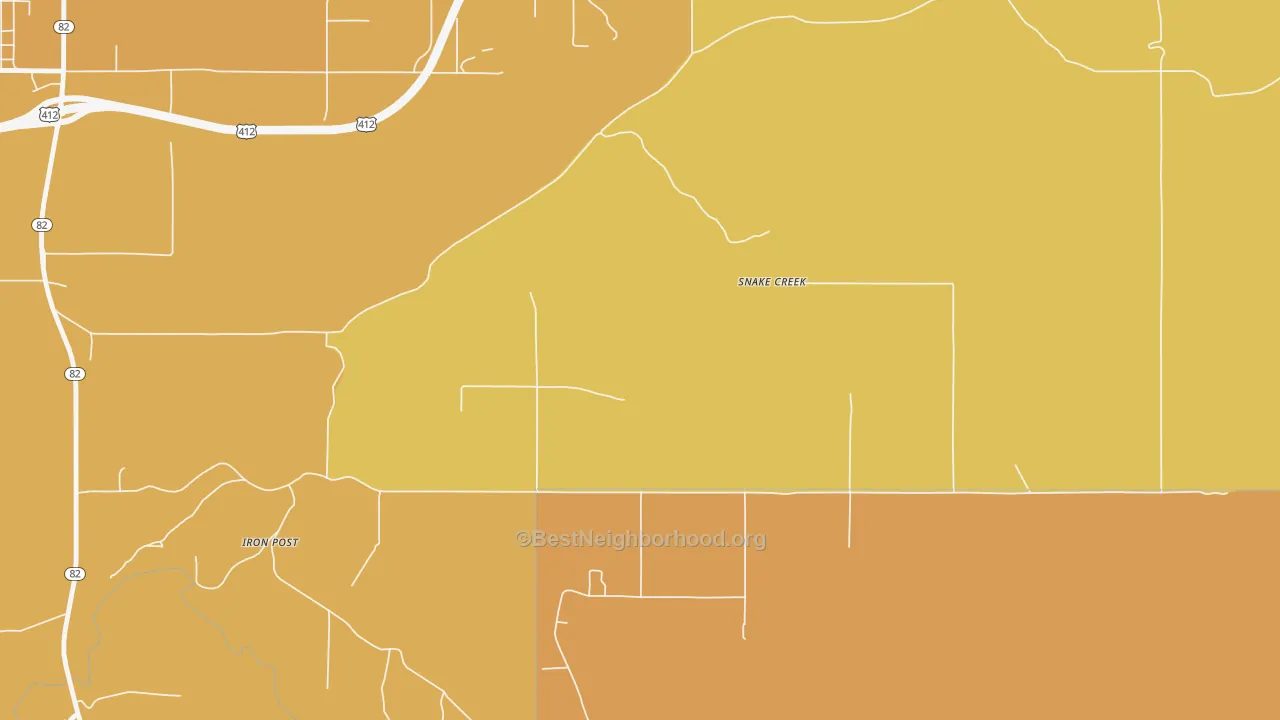 Map of the best neighborhoods in the Snake Creek area, with better matches in green and worse matches in red