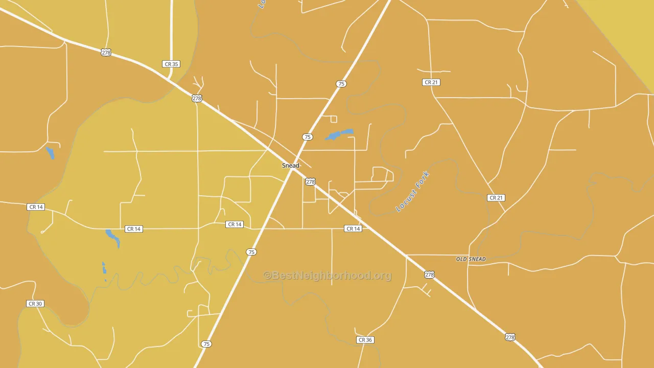 Map of the best neighborhoods in the Snead area, with better matches in green and worse matches in red