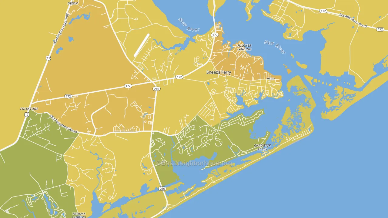 Map of the best neighborhoods in the Sneads Ferry area, with better matches in green and worse matches in red