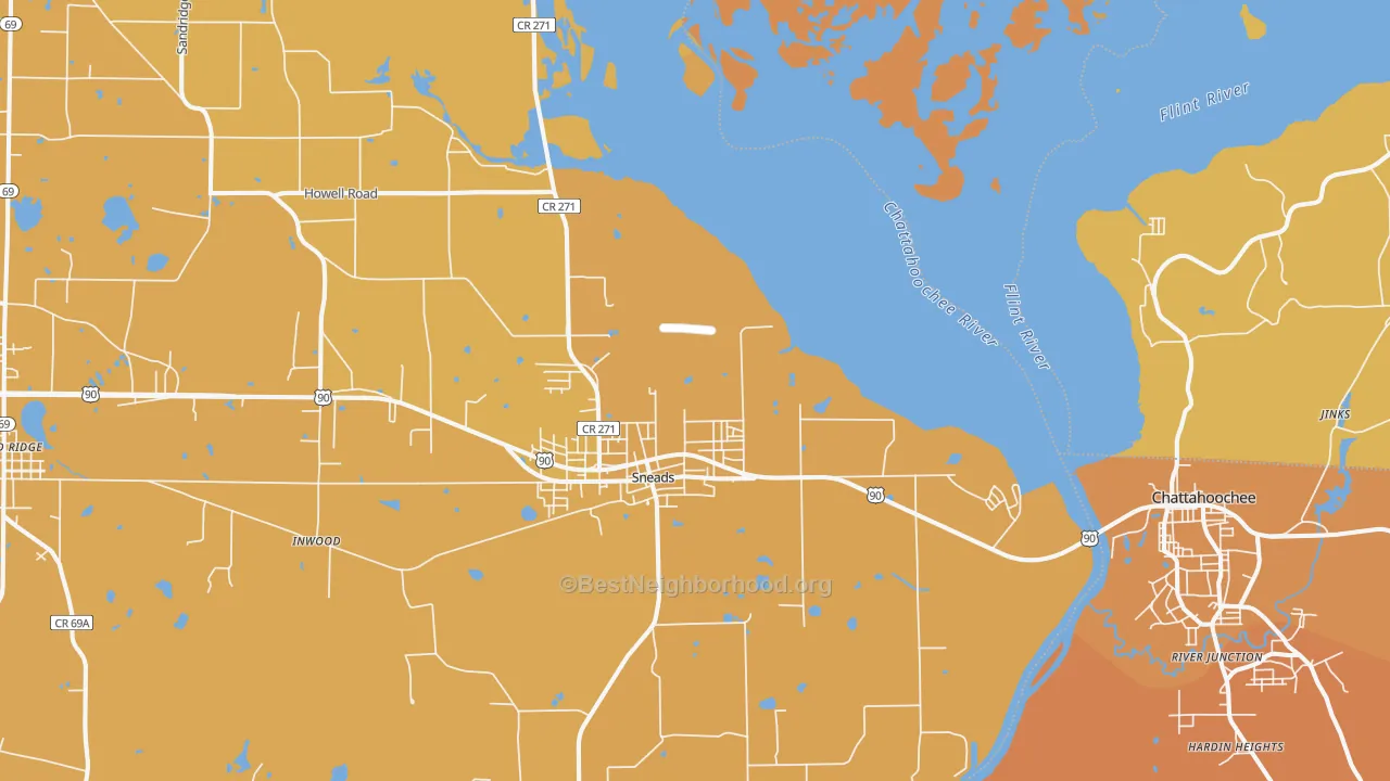Map of the best neighborhoods in the Sneads area, with better matches in green and worse matches in red