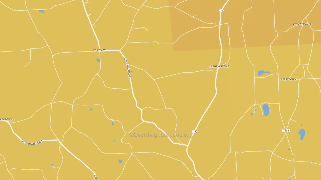 Map of the best neighborhoods in the Snedekerville area, with better matches in green and worse matches in red
