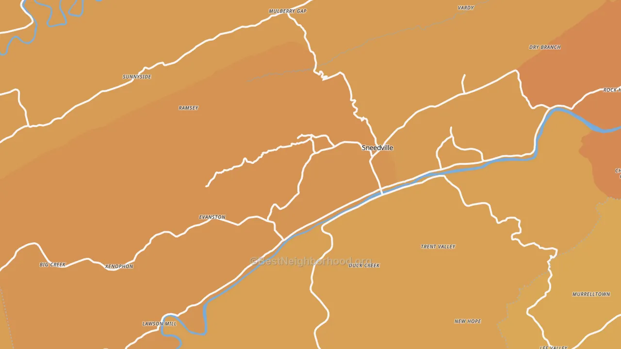 Map of the best neighborhoods in the Sneedville area, with better matches in green and worse matches in red