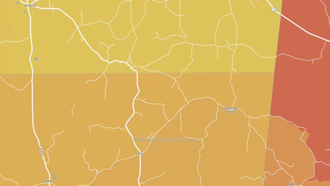Map of the best neighborhoods in the Snell area, with better matches in green and worse matches in red