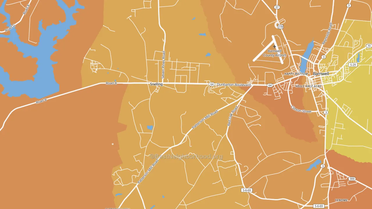 Map of the best neighborhoods in the Snelling area, with better matches in green and worse matches in red