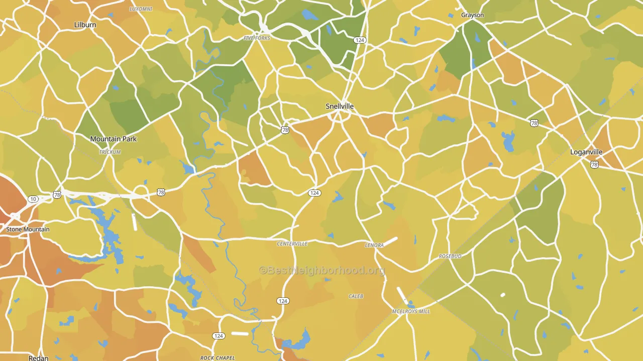 Map of the best neighborhoods in the Snellville area, with better matches in green and worse matches in red
