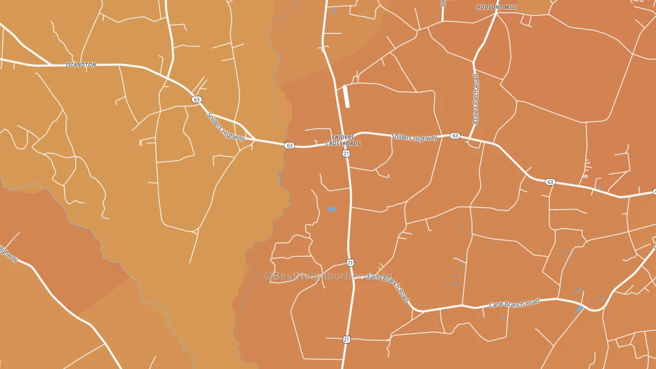 Map of the best neighborhoods in the Sniders Crossroads area, with better matches in green and worse matches in red