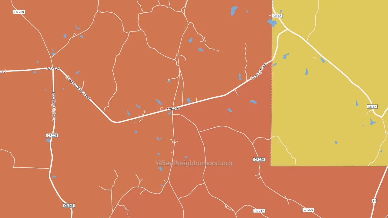 Map of the best neighborhoods in the Snoddy area, with better matches in green and worse matches in red