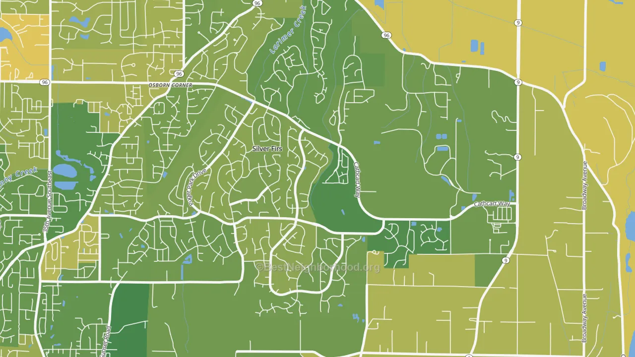 Map of the best neighborhoods in the Snohomish Cascade, Silver Firs area, with better matches in green and worse matches in red