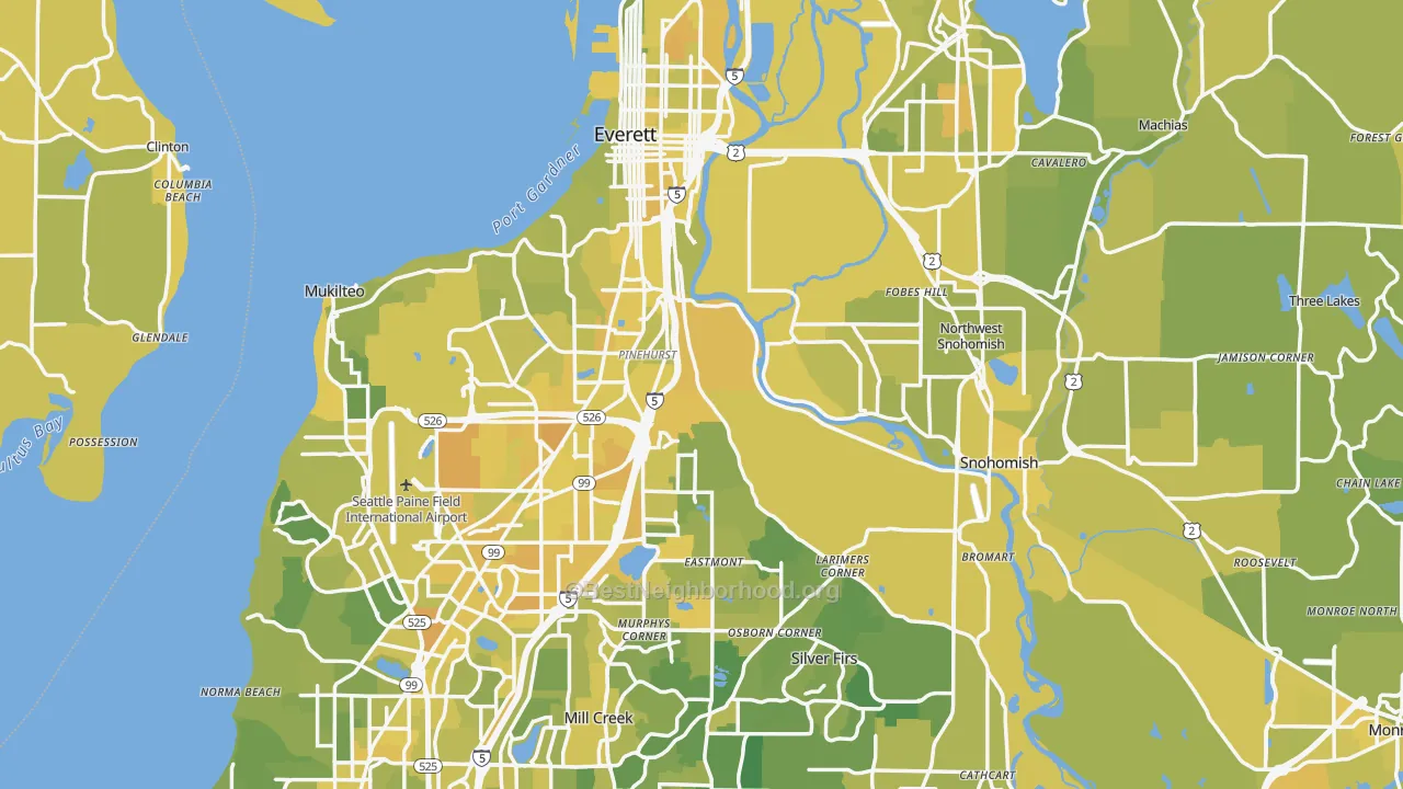 Map of the best neighborhoods in the Snohomish County area, with better matches in green and worse matches in red