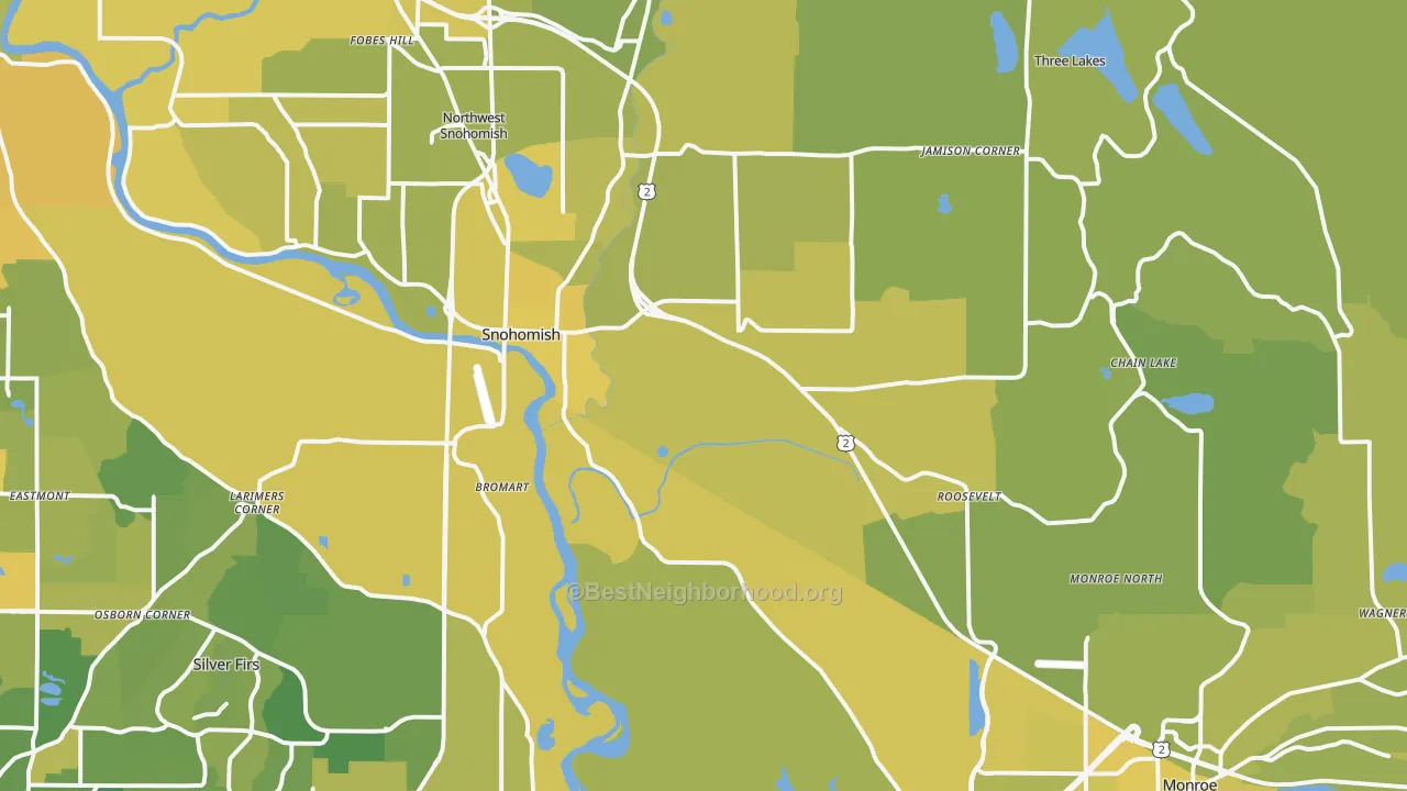 Map of the best neighborhoods in the Snohomish area, with better matches in green and worse matches in red