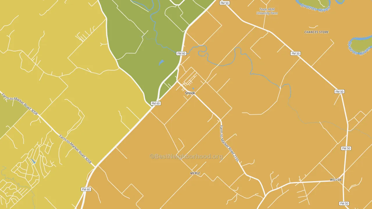 Map of the best neighborhoods in the Snook area, with better matches in green and worse matches in red