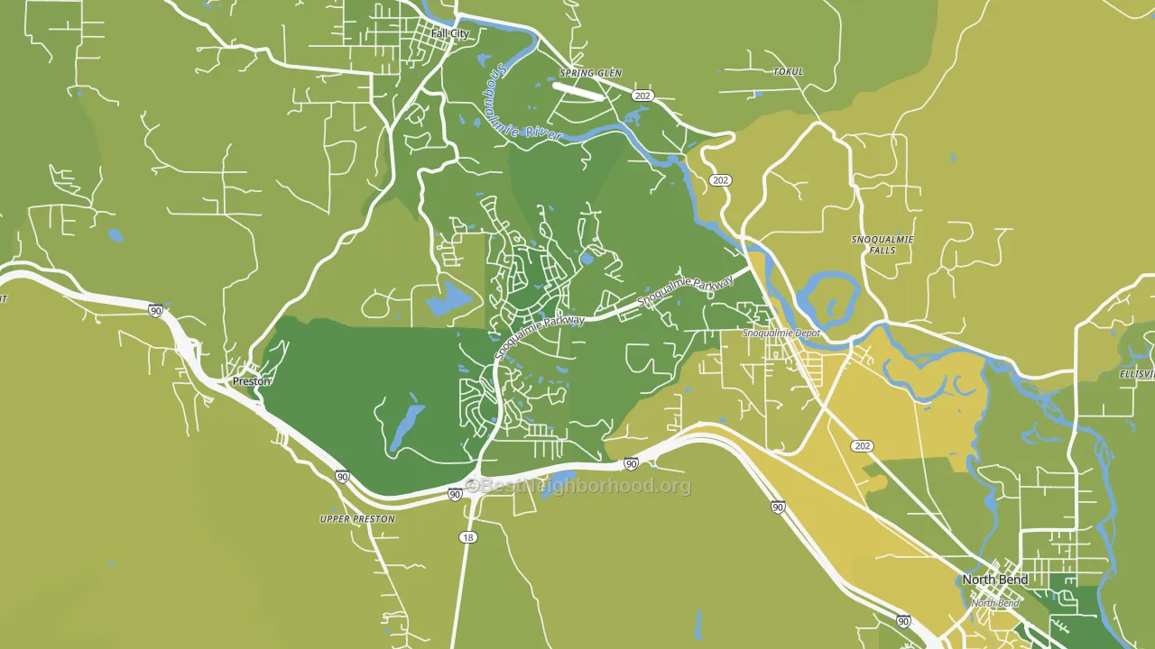 Map of the best neighborhoods in the Snoqualmie area, with better matches in green and worse matches in red