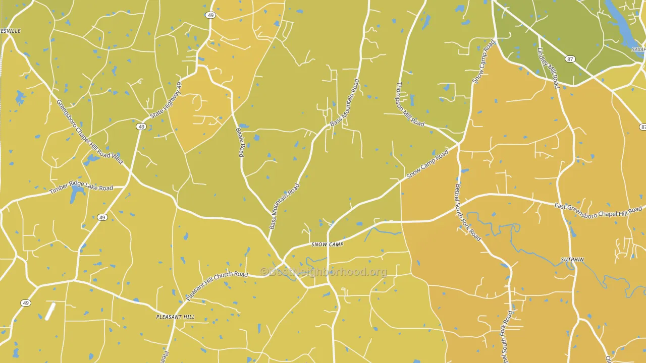 Map of the best neighborhoods in the Snow Camp area, with better matches in green and worse matches in red