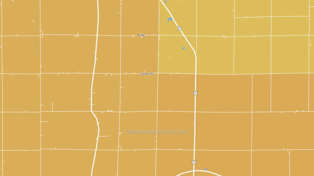 Map of the best neighborhoods in the Snow Hill area, with better matches in green and worse matches in red
