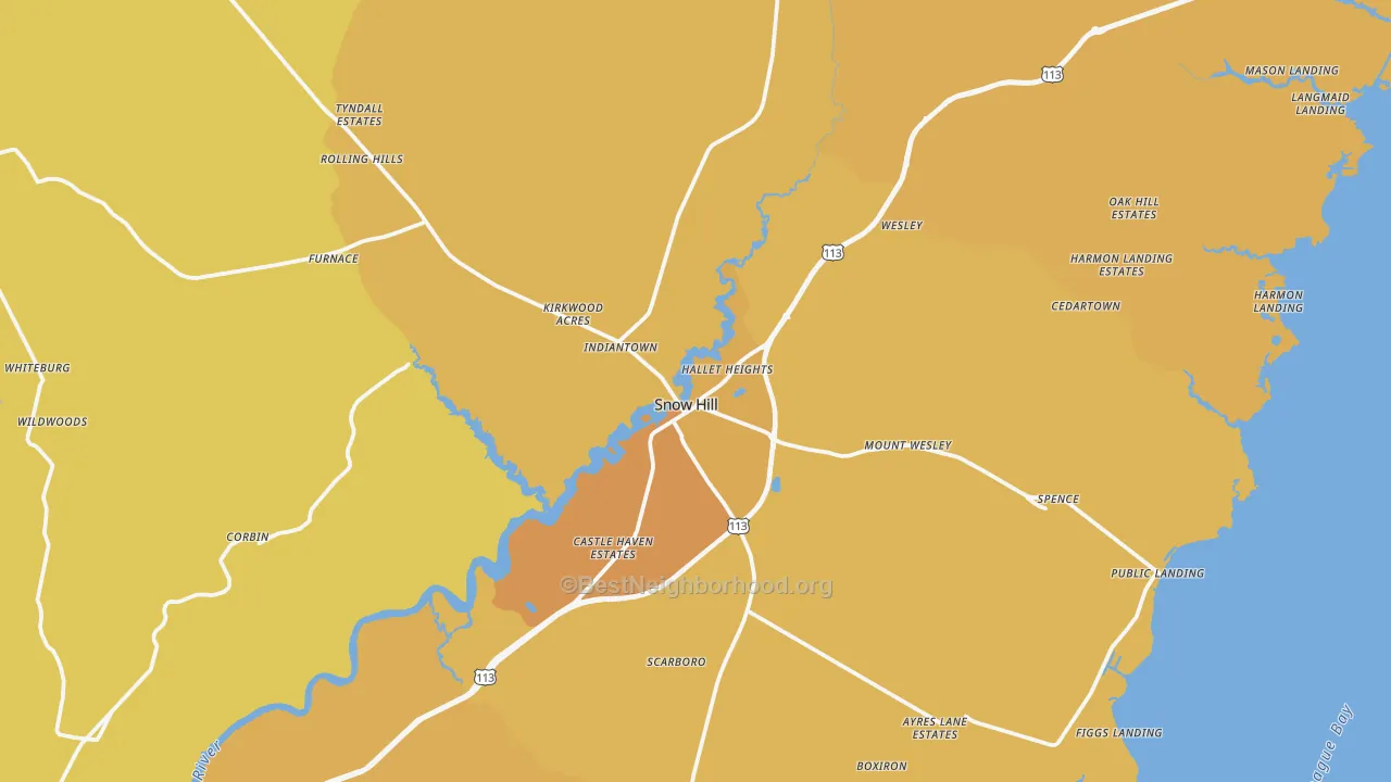 Map of the best neighborhoods in the Snow Hill area, with better matches in green and worse matches in red
