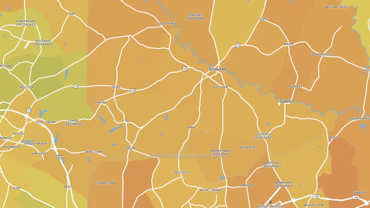 Map of the best neighborhoods in the Snow Hill area, with better matches in green and worse matches in red