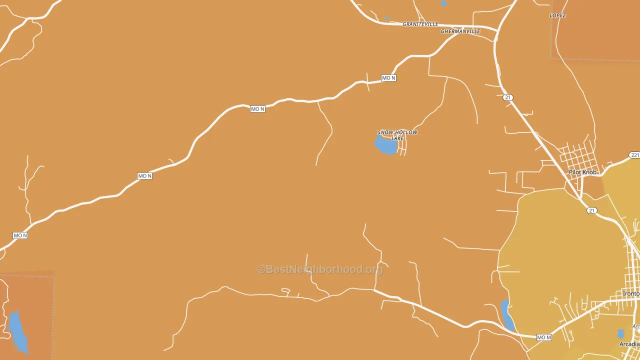 Map of the best neighborhoods in the Snow Hollow Lake area, with better matches in green and worse matches in red