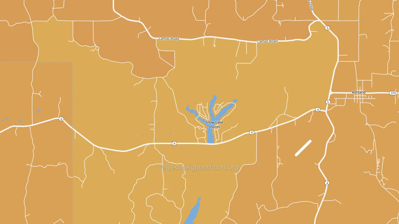 Map of the best neighborhoods in the Snow Lake Shores area, with better matches in green and worse matches in red