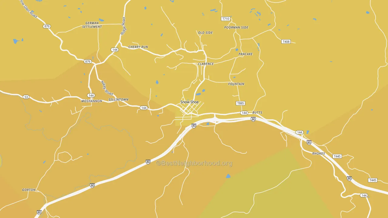 Map of the best neighborhoods in the Snow Shoe area, with better matches in green and worse matches in red