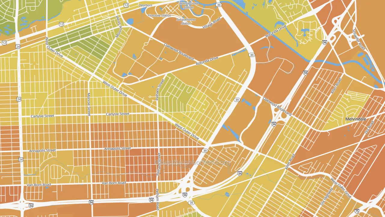 Map of the best neighborhoods in the Snow Woods, Dearborn area, with better matches in green and worse matches in red