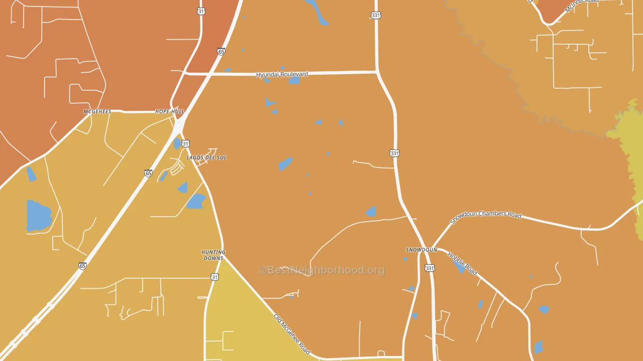 Map of the best neighborhoods in the Snowdoun area, with better matches in green and worse matches in red